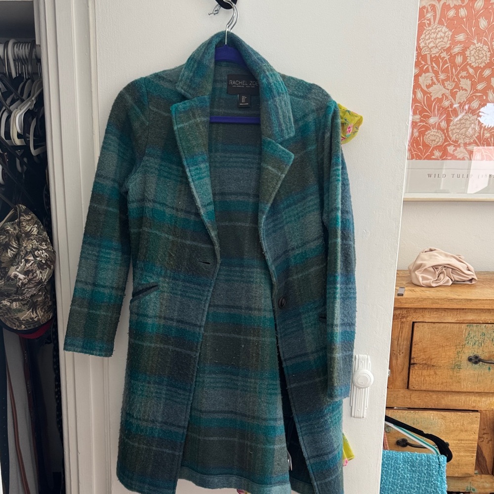 Rachel Zoe Teal Plaid Wool-Blend Pea Coat